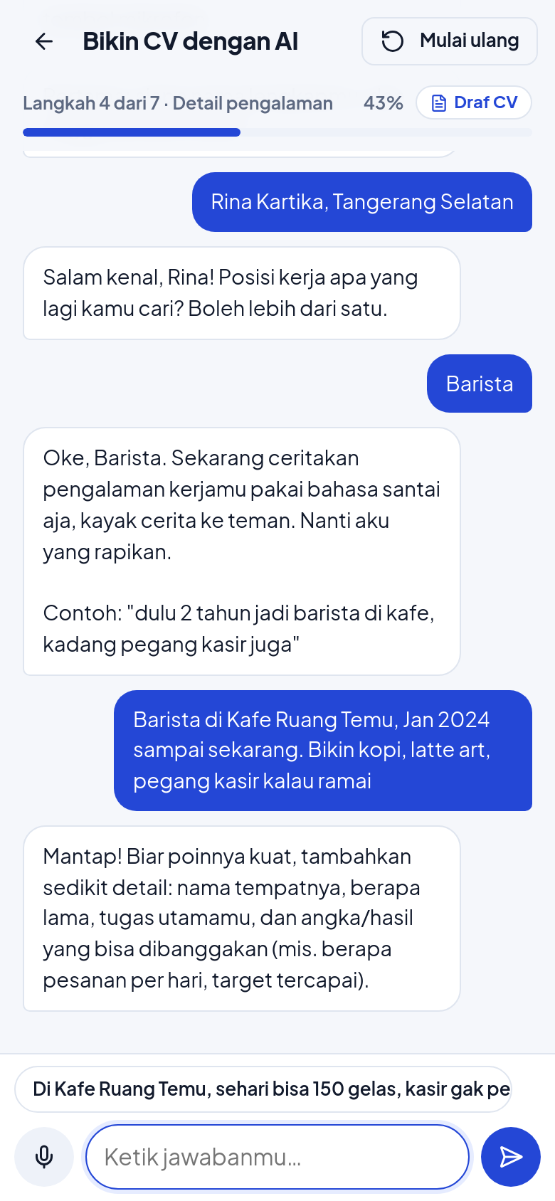 Layar ngobrol dengan AI untuk menyusun CV