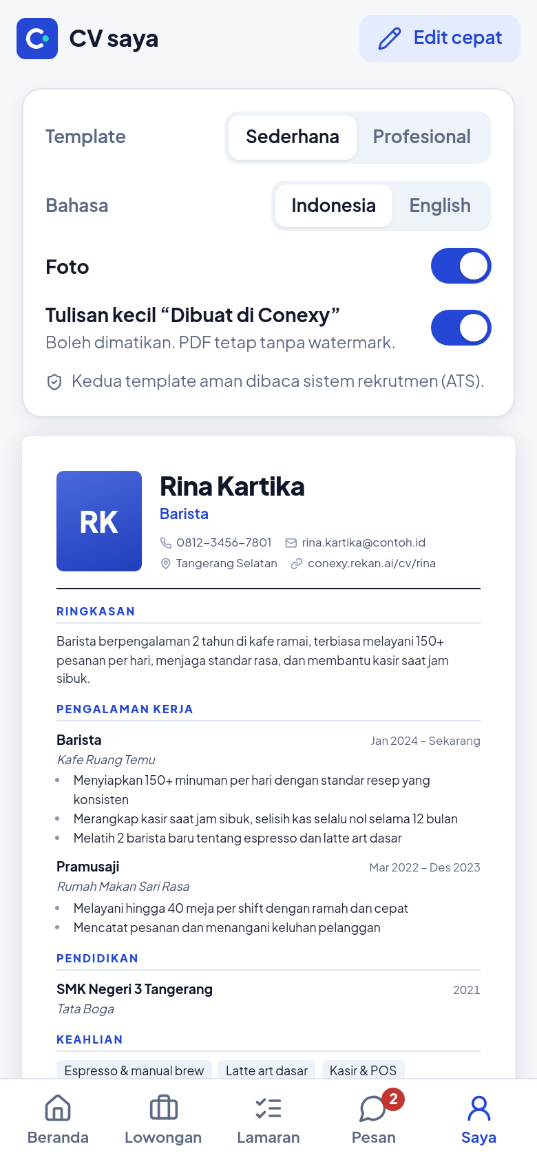 Layar CV yang sudah jadi dengan template profesional