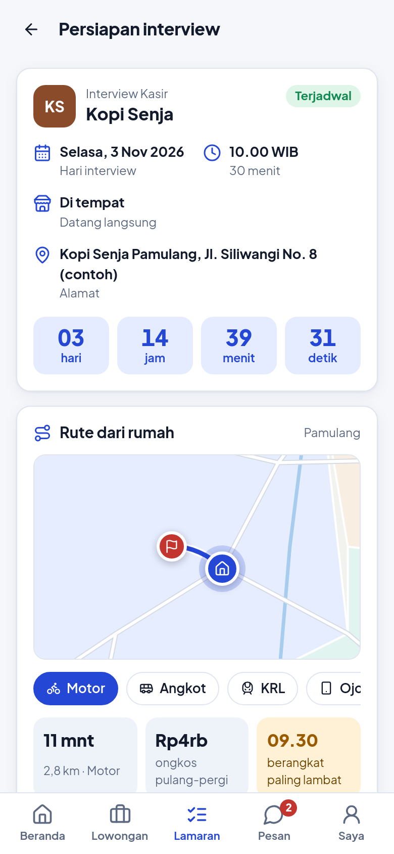 Persiapan hari interview dengan rute dan hitung mundur