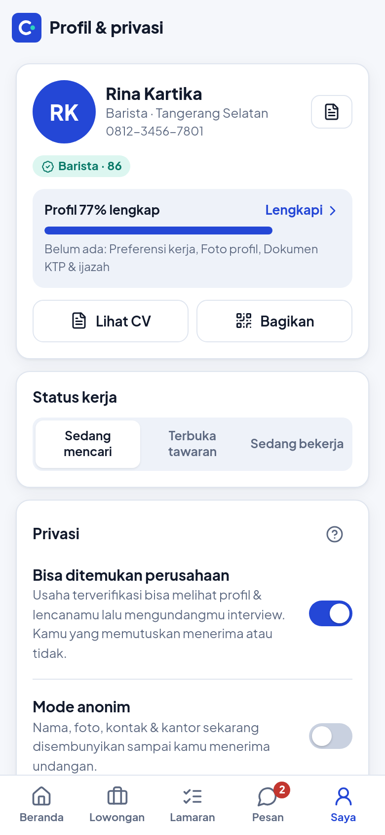 Pengaturan profil & privasi kandidat