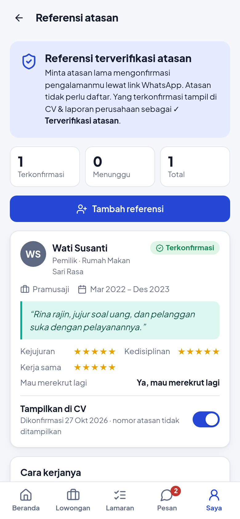 Referensi atasan terverifikasi lewat WhatsApp