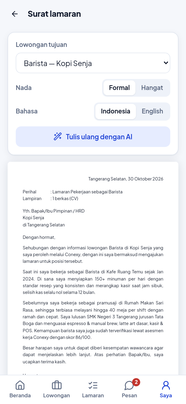 Surat lamaran yang dibuat otomatis