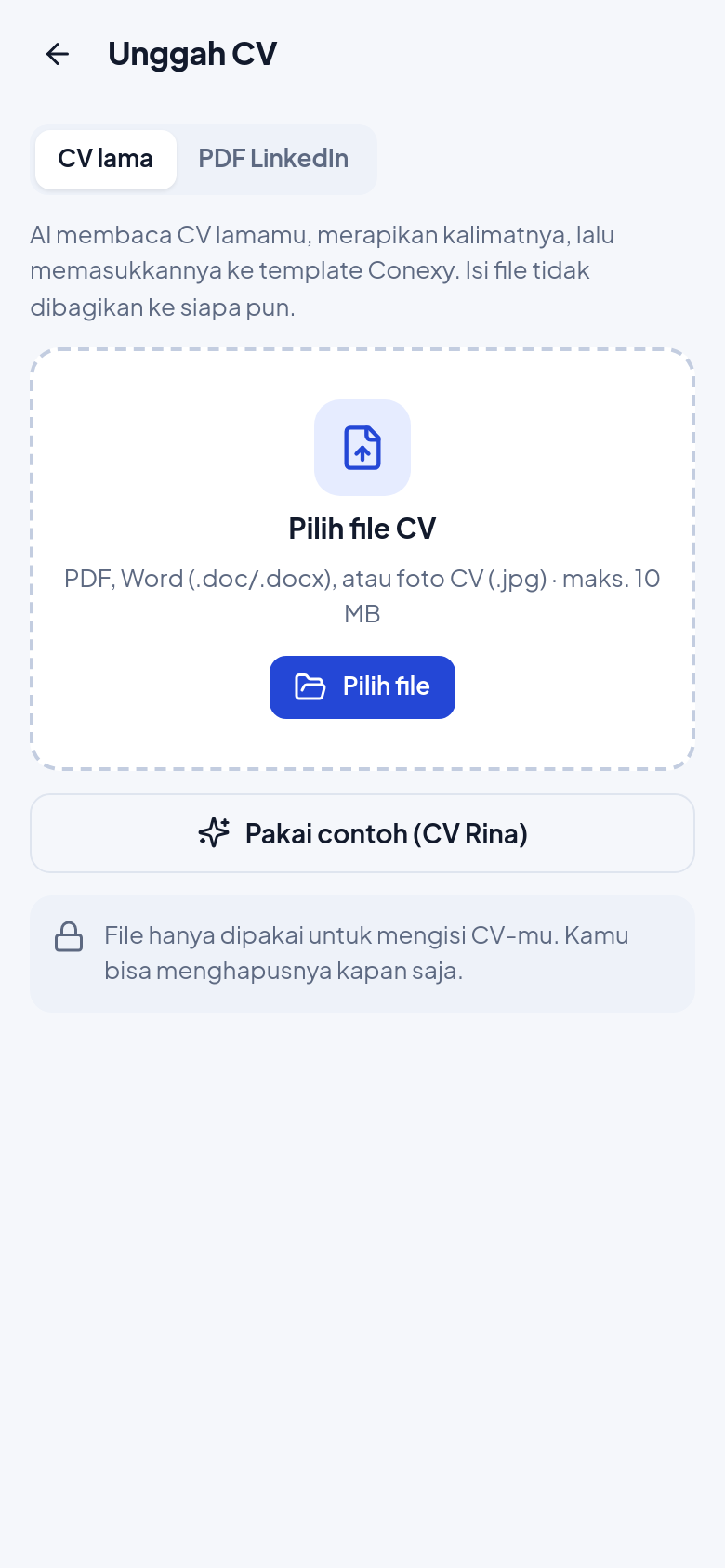 Layar unggah CV lama